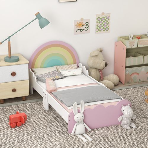 Lit Enfant Design Girly Motifs Arc En Ciel Nuages Avec Sommier à Lattes Rose Blanc