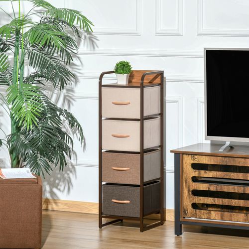 Chiffonnier 4 Tiroirs Acier Aspect Bois Non Tissé Marron Beige