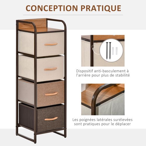 Chiffonnier 4 Tiroirs Acier Aspect Bois Non Tissé Marron Beige