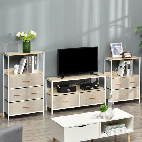 Meuble TV Bas Sur Pieds Style Industriel 2 Tiroirs Tissu