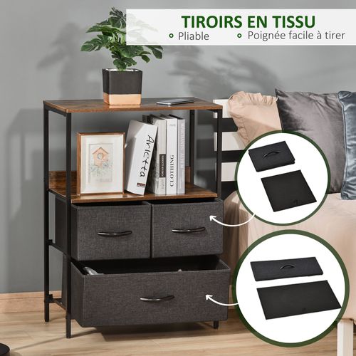Commode 3 Tiroirs Étagère Plateau Acier Noir Mdf Effet Bois Vieilli Non Tissé Gris