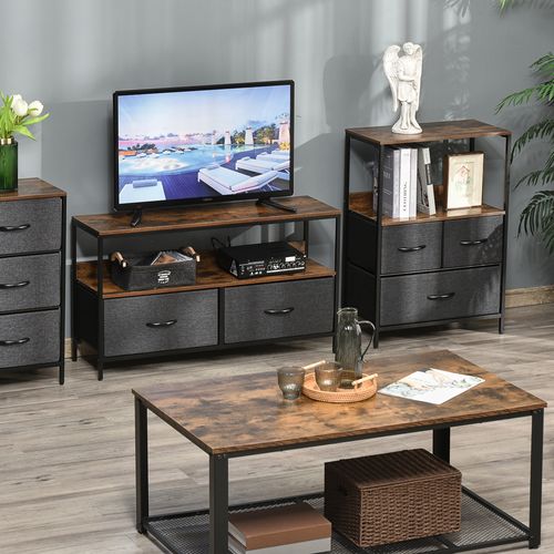 Commode 3 Tiroirs Étagère Plateau Acier Noir Mdf Effet Bois Vieilli Non Tissé Gris