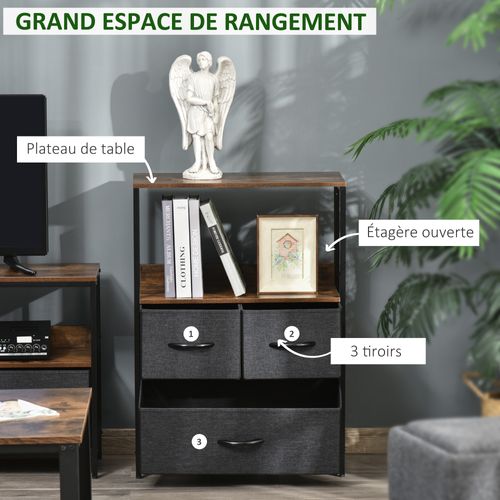 Commode 3 Tiroirs Étagère Plateau Acier Noir Mdf Effet Bois Vieilli Non Tissé Gris