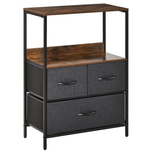 Commode 3 Tiroirs Étagère Plateau Acier Noir Mdf Effet Bois Vieilli Non Tissé Gris