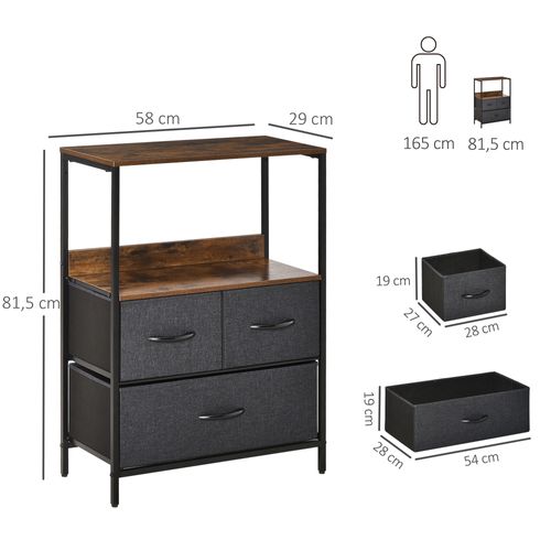 Commode 3 Tiroirs Étagère Plateau Acier Noir Mdf Effet Bois Vieilli Non Tissé Gris
