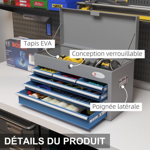Boite à Outils Métallique 6 Tiroirs + Plateau Verrouillables Tôle Acier Gris Bleu