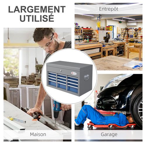 Boite à Outils Métallique 6 Tiroirs + Plateau Verrouillables Tôle Acier Gris Bleu