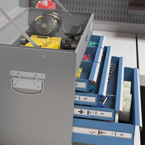 Boite à Outils Métallique 6 Tiroirs + Plateau Verrouillables Tôle Acier Gris Bleu