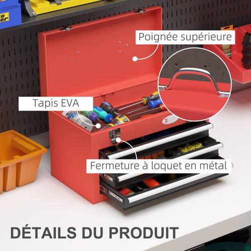 Boite à Outils Métallique 3 Tiroirs + Plateau Tôle Acier Rouge Noir