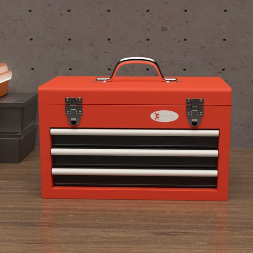 Boite à Outils Métallique 3 Tiroirs + Plateau Tôle Acier Rouge Noir