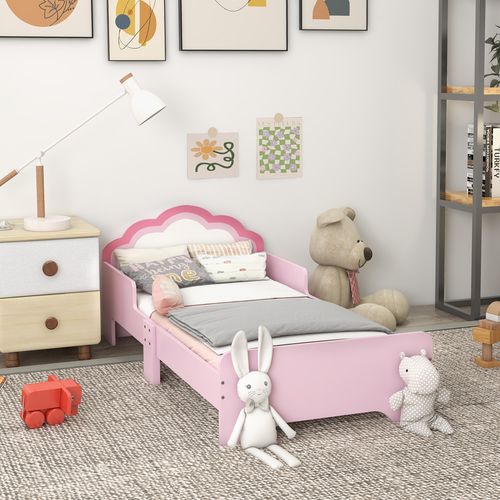 Lit Enfant Design Girly Motif Nuage Avec Sommier à Lattes Rose Blanc