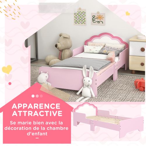 Lit Enfant Design Girly Motif Nuage Avec Sommier à Lattes Rose Blanc