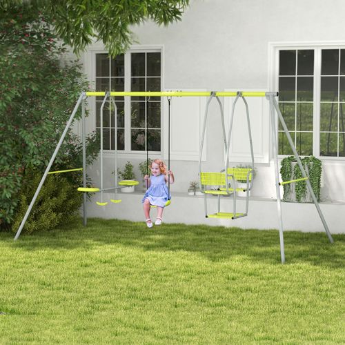 Balançoire 3 Agrès Portique Avec 2 Face à Face Et Balançoire Gris Vert