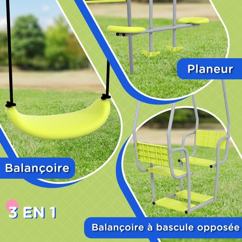 Balançoire 3 Agrès Portique Avec 2 Face à Face Et Balançoire Gris Vert