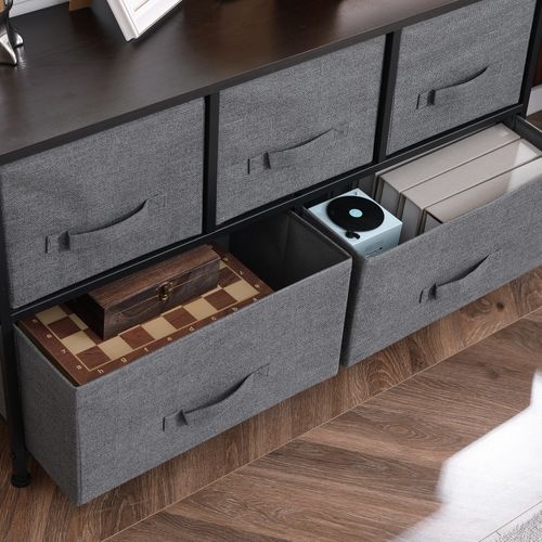 Commode 5 Tiroirs Non-tissés Anthracite Métal Noir Plateau Mdf Aspect Bois