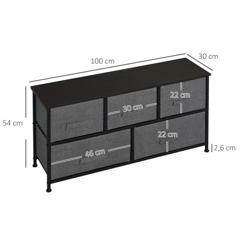 Commode 5 Tiroirs Non-tissés Anthracite Métal Noir Plateau Mdf Aspect Bois