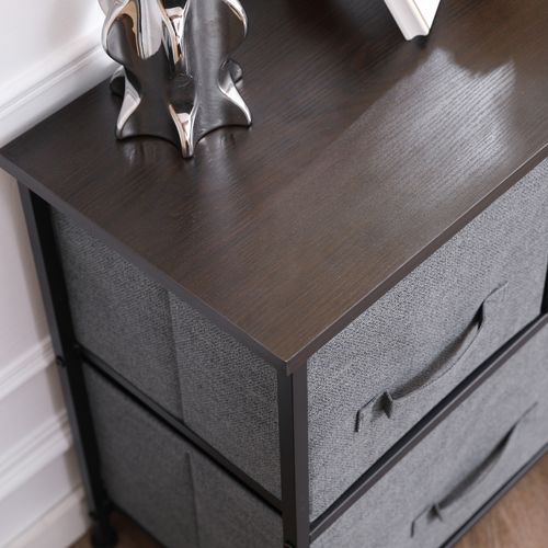 Commode 5 Tiroirs Non-tissés Anthracite Métal Noir Plateau Mdf Aspect Bois