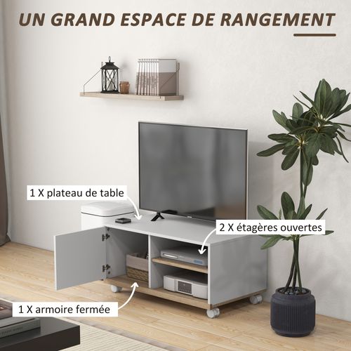 Meuble TV Sur Roulettes - 2 Niches + Placard Porte 2 Passe-fil