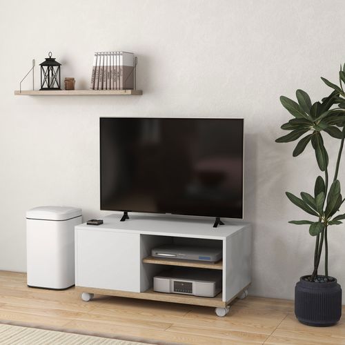 Meuble TV Sur Roulettes - 2 Niches + Placard Porte 2 Passe-fil