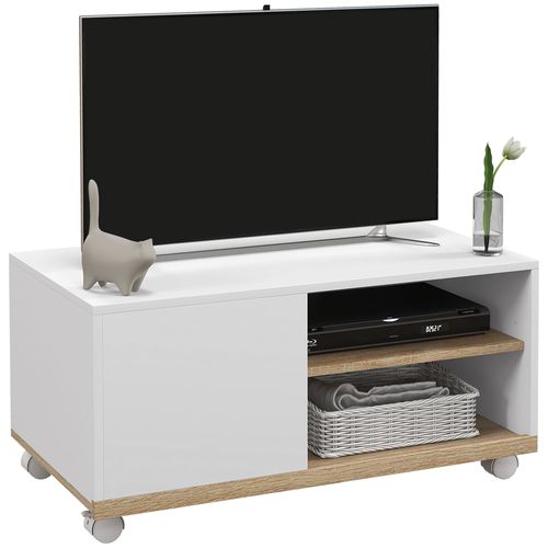 Meuble TV Sur Roulettes - 2 Niches + Placard Porte 2 Passe-fil