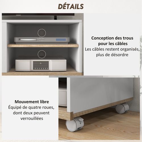 Meuble TV Sur Roulettes - 2 Niches + Placard Porte 2 Passe-fil