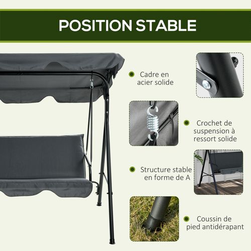 Balancelle De Jardin 3 Places Toit Réglable Acier Polyester