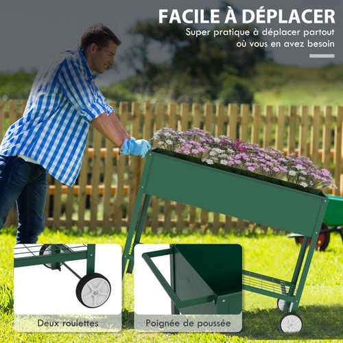 Jardinière Sur Pieds Potager Étagère 2 Roues + Insert D'irrigation Métal Vert