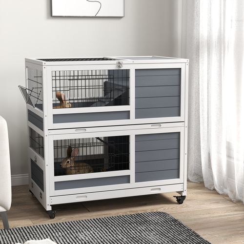Clapier Cage Lapin Sur Roulettes 2 Niveaux Bois Sapin Gris Blanc