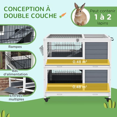 Clapier Cage Lapin Sur Roulettes 2 Niveaux Bois Sapin Gris Blanc