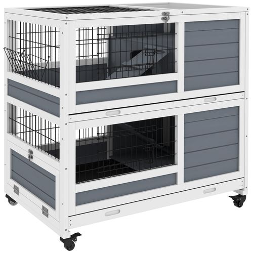 Clapier Cage Lapin Sur Roulettes 2 Niveaux Bois Sapin Gris Blanc