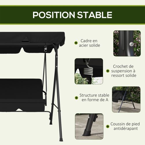 Balancelle De Jardin 3 Places Toit Réglable Coussins Acier Polyester
