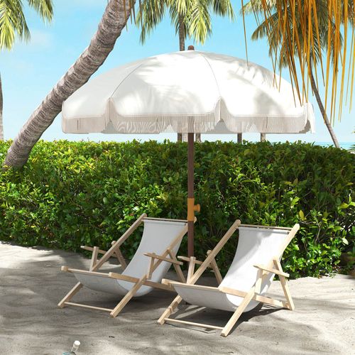 Parasol Droit De Plage Jardin Style Bohème à Franges Uv40+ Crème