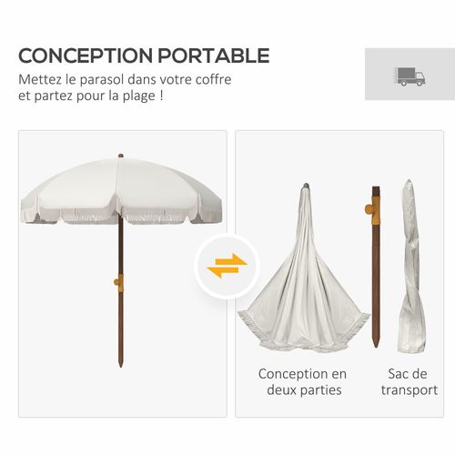 Parasol Droit De Plage Jardin Style Bohème à Franges Uv40+ Crème