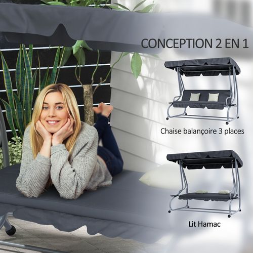 Balancelle De Jardin 3 Places Convertible 2 Tablettes Coussins Gris