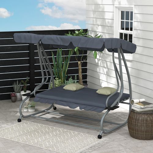 Balancelle De Jardin 3 Places Convertible 2 Tablettes Coussins Gris