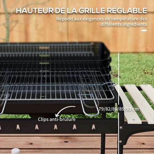 Barbecue à Charbon Réglable 2 Roues 3 Étagères Récupérateur Cendres