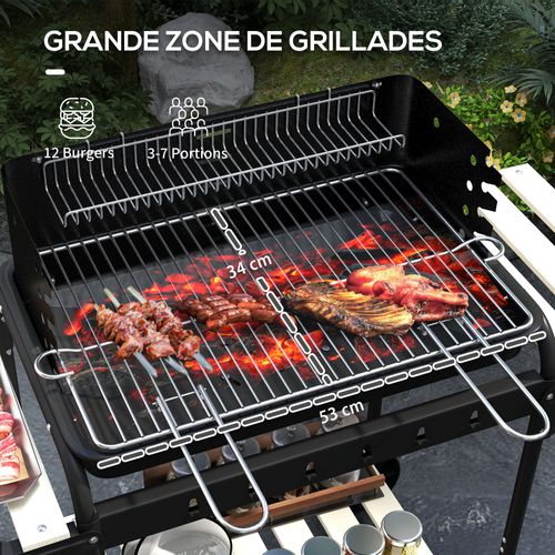 Barbecue à Charbon Réglable 2 Roues 3 Étagères Récupérateur Cendres