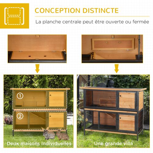 Clapier à Lapin 2 Niv. Cloisonnables Équipement Multiple Métal Bois