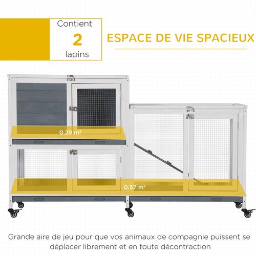 Clapier à Lapin Sur Roulettes 2 Niveaux Métal Bois Blanc Gris