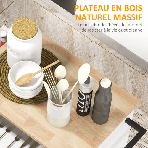 Desserte De Cuisine Multi-rangement Blanc Bois Hévéa Verni
