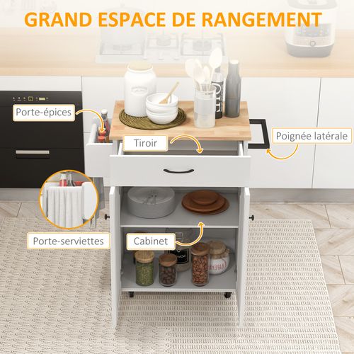 Desserte De Cuisine Multi-rangement Blanc Bois Hévéa Verni