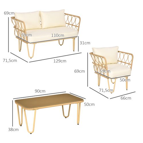 Salon De Jardin 4 Places 4 Pièces Style Colonial Résine Tressée Aspect Rotin