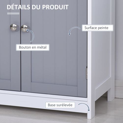Meuble Bas Salle De Bain - 2 Portes, 2 Tiroirs, Étagère - Mdf Blanc Gris