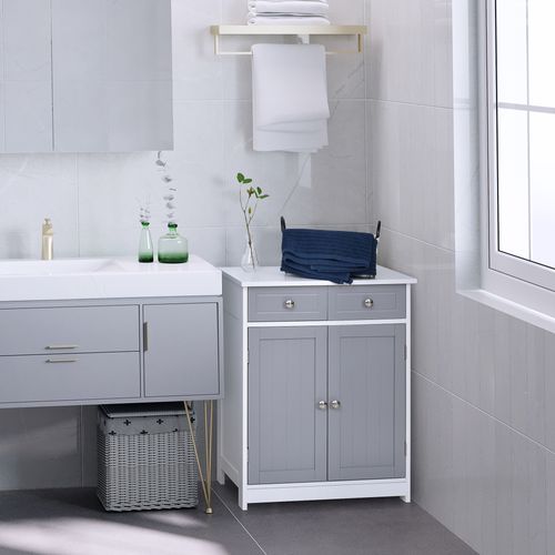 Meuble Bas Salle De Bain - 2 Portes, 2 Tiroirs, Étagère - Mdf Blanc Gris