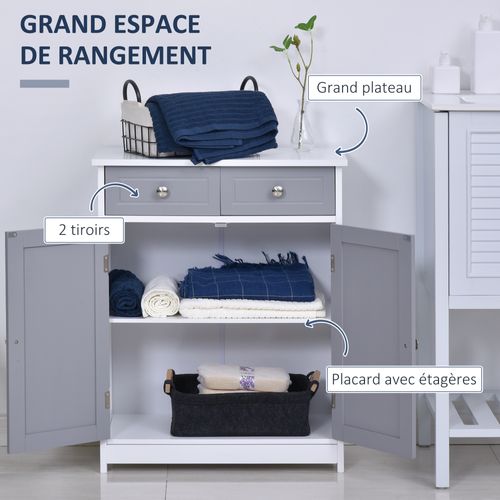 Meuble Bas Salle De Bain - 2 Portes, 2 Tiroirs, Étagère - Mdf Blanc Gris