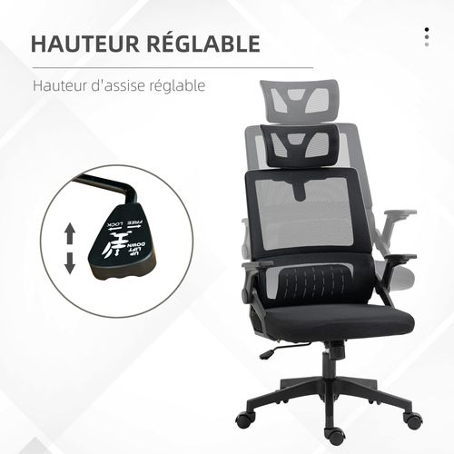 Chaise De Bureau Ergonomique Réglable Inclinable Pivotante Maille Polyester Noir