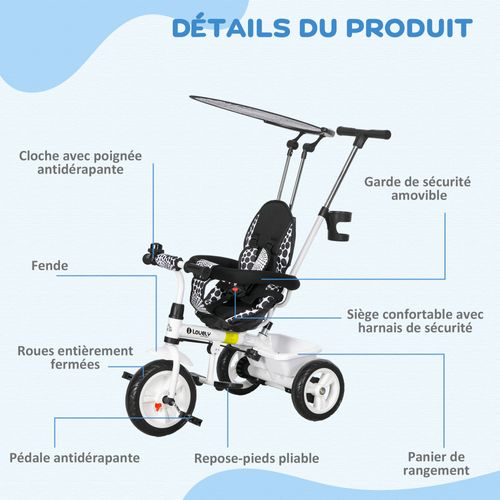 Tricycle Enfant Pare-soleil Pliable Canne Amovible Benne Rangement Acier