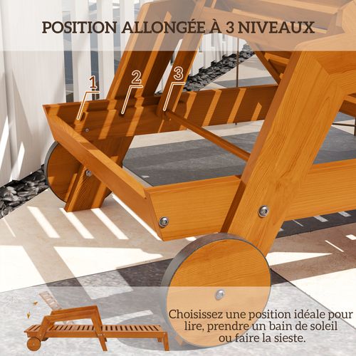 Bain De Soleil Inclinable - Accoudoirs, Roues - Bois Verni