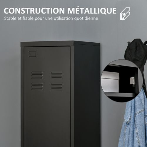 Armoire Vestiaire Métal Design Industriel - Barre Penderie, 3 Étagères - Métal Noir