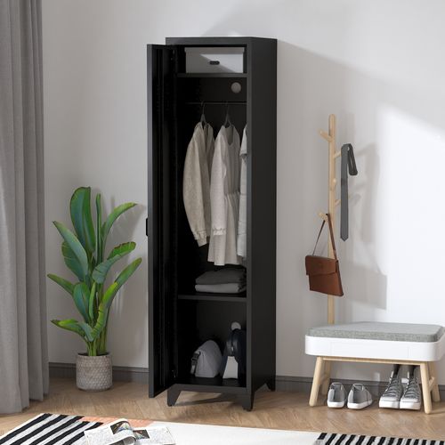 Armoire Vestiaire Métal Design Industriel - Barre Penderie, 3 Étagères - Métal Noir